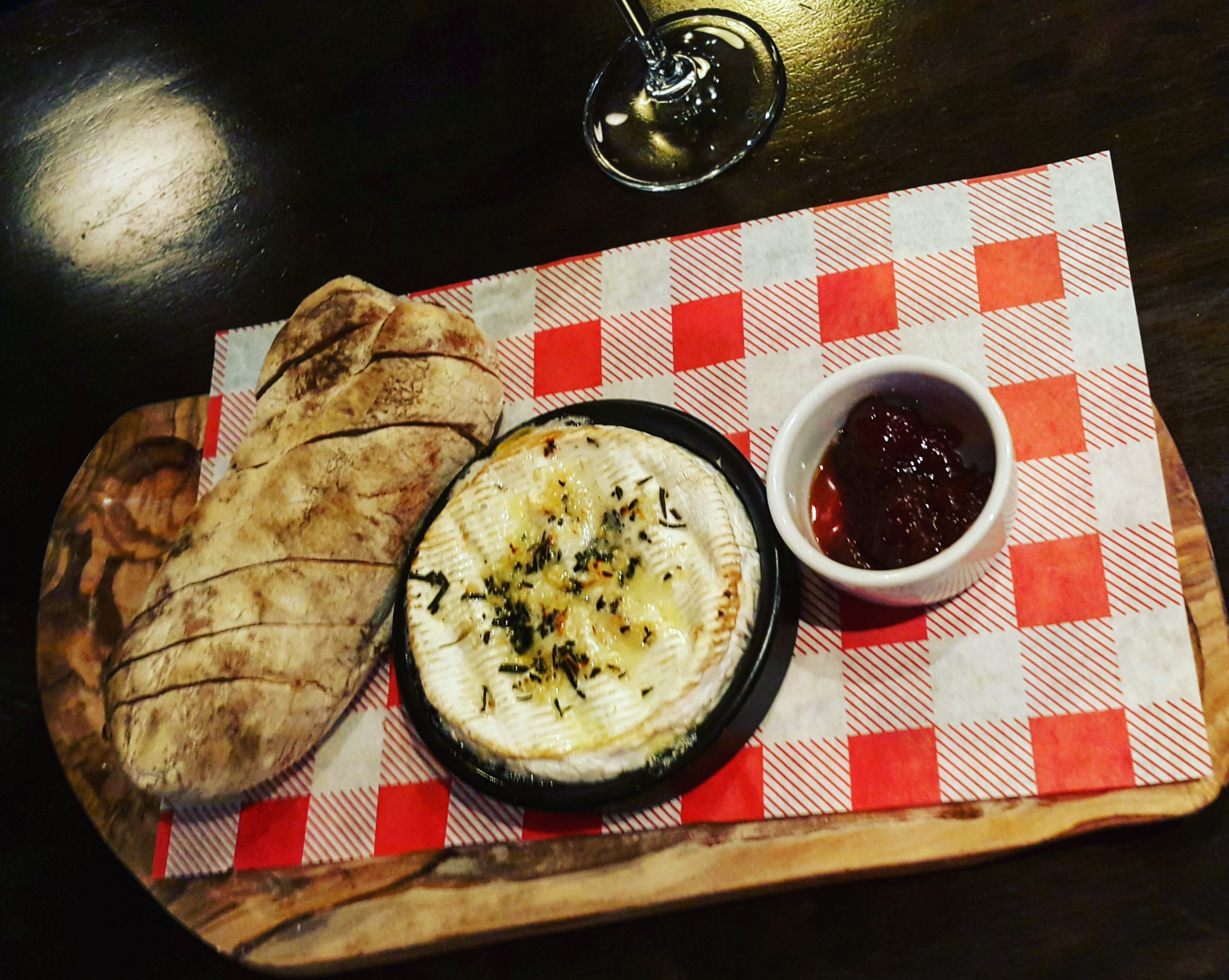 Baked Camembert with Garlic and Rosemary. Toasted Ciabatta and Chilli and Onion Chutney